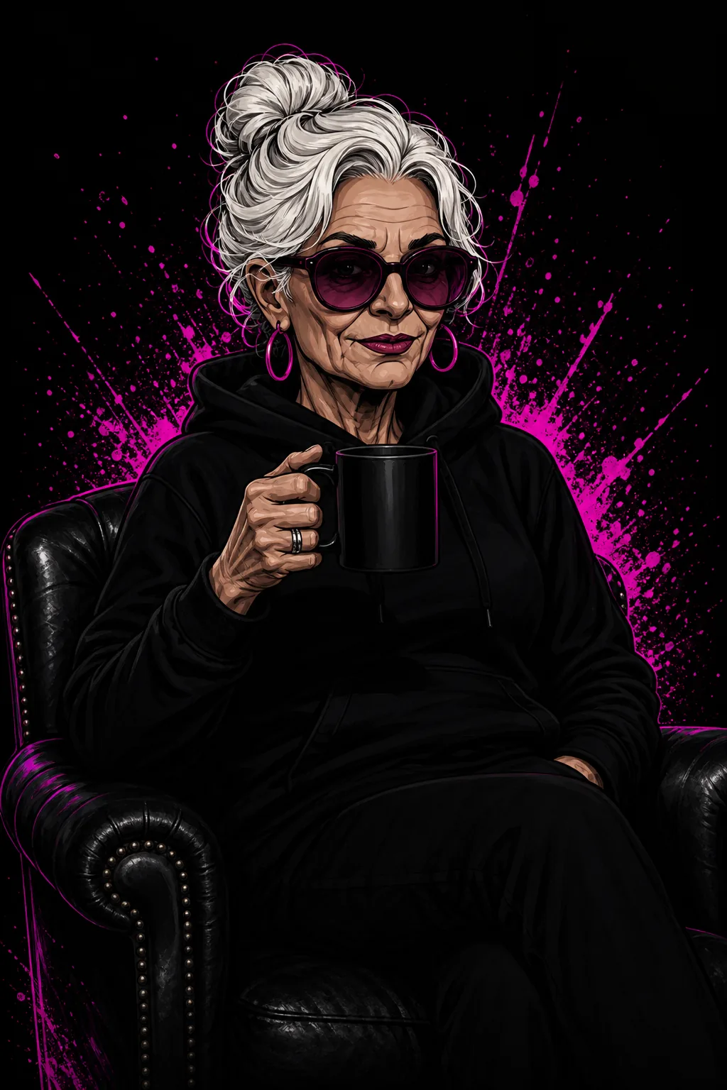 GrandMa in a leather armchair with a coffee mug