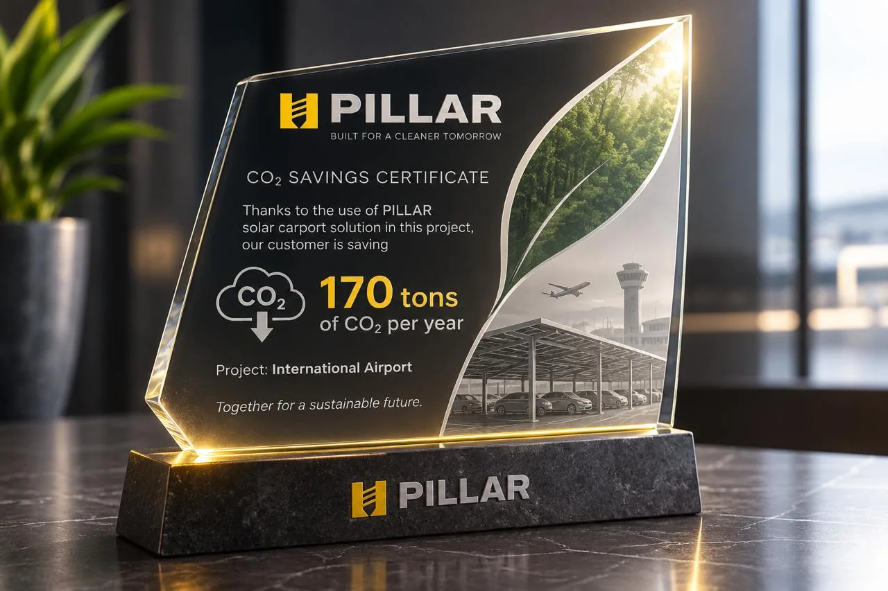 Idea: concept visual of a glass CO₂ savings certificate on a black stone base