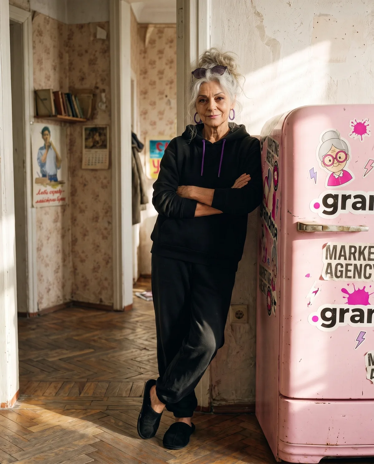 GrandMa in a black hoodie leaning against the wall next to a pink fridge covered in stickers