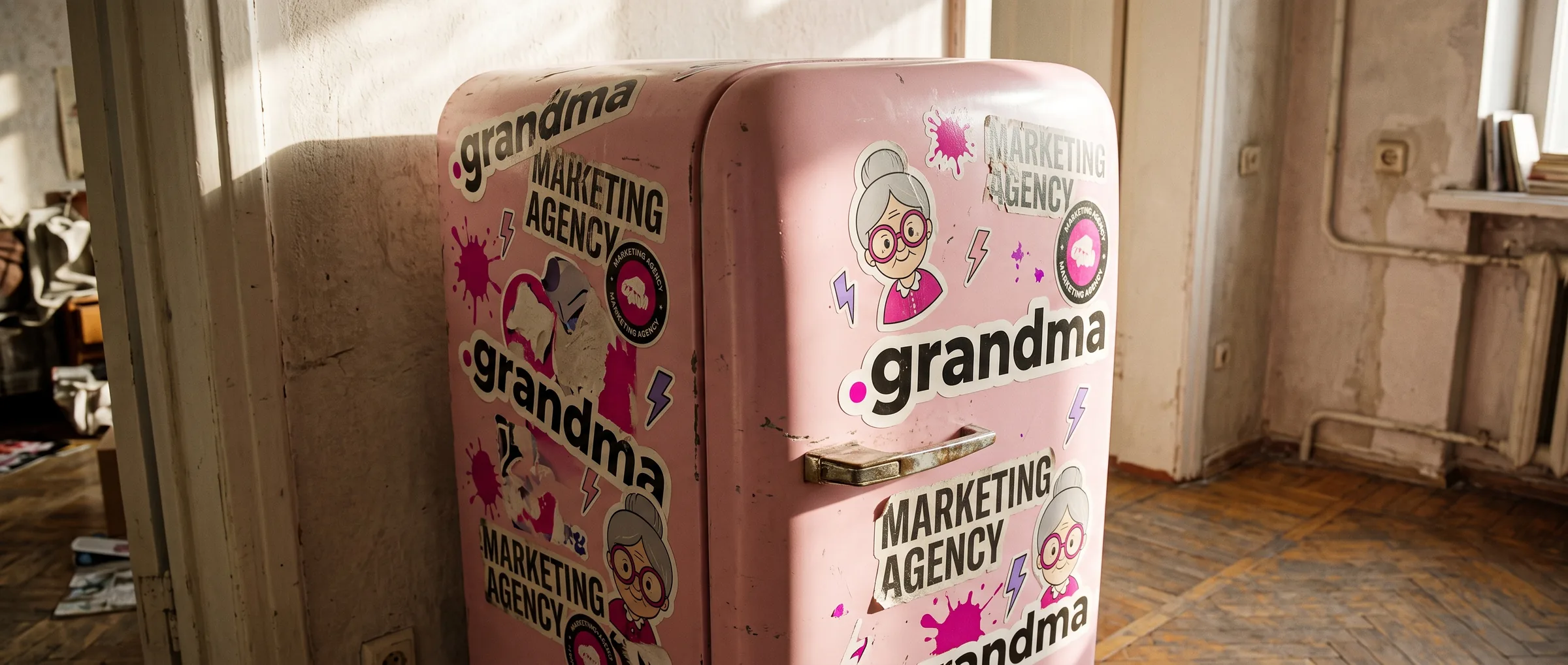 A pink retro fridge covered in .grandma and MARKETING AGENCY stickers, standing by a sunlit wall in an old apartment