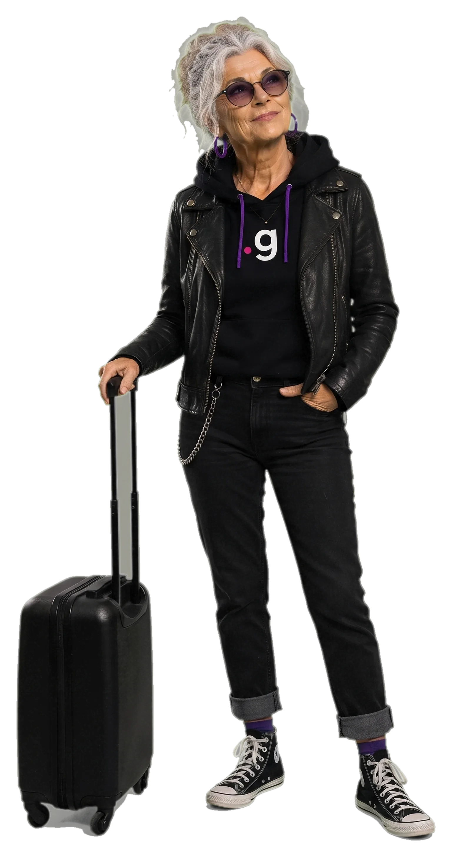 GrandMa looking up at a departures board, suitcase in hand
