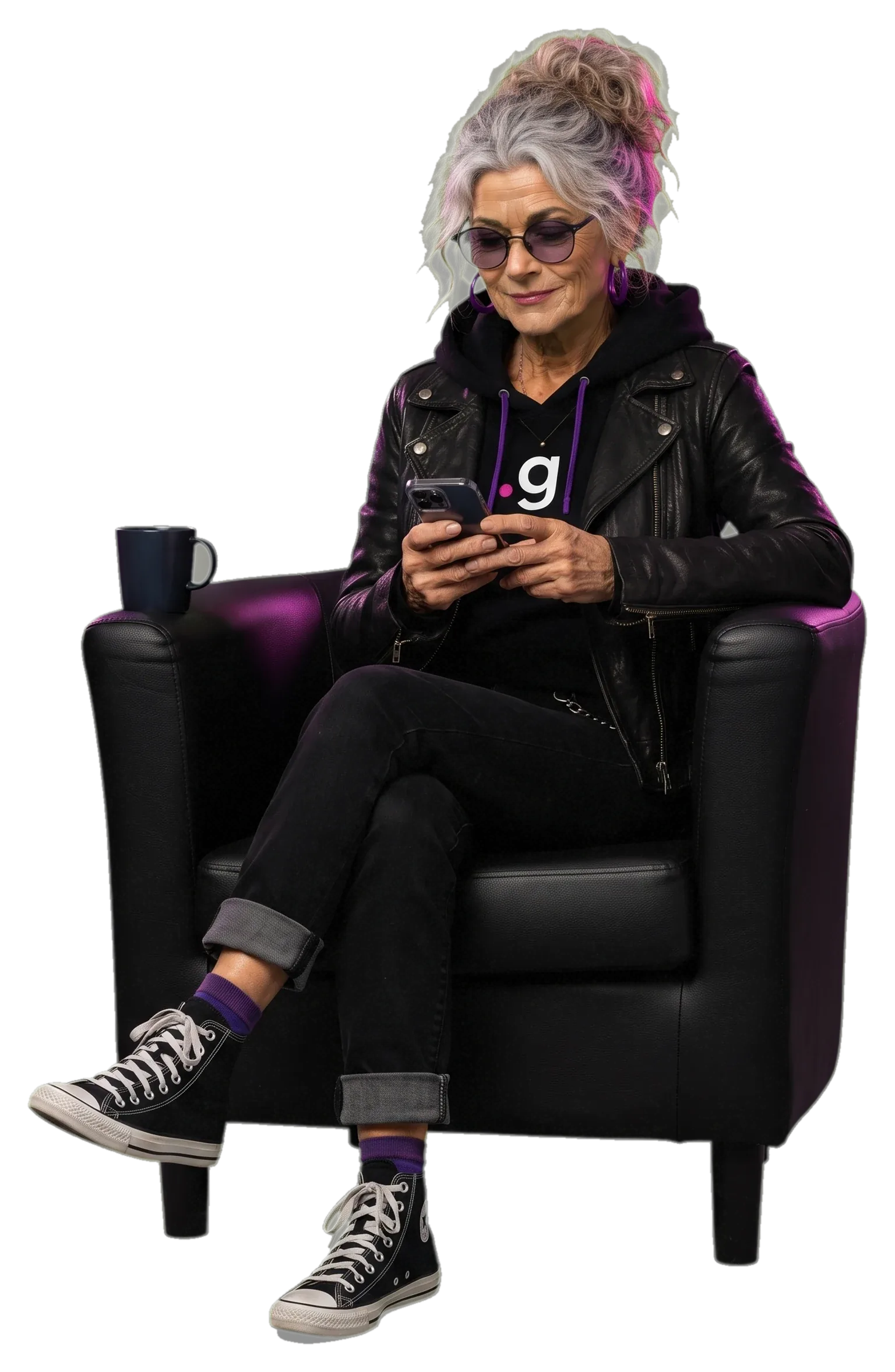 GrandMa in an armchair, answering on her phone
