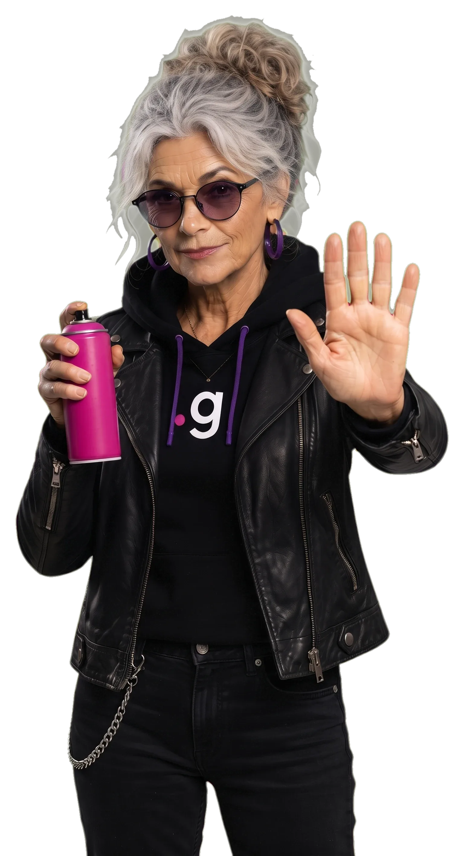 GrandMa holding up her palm: no, with a spray can in the other hand