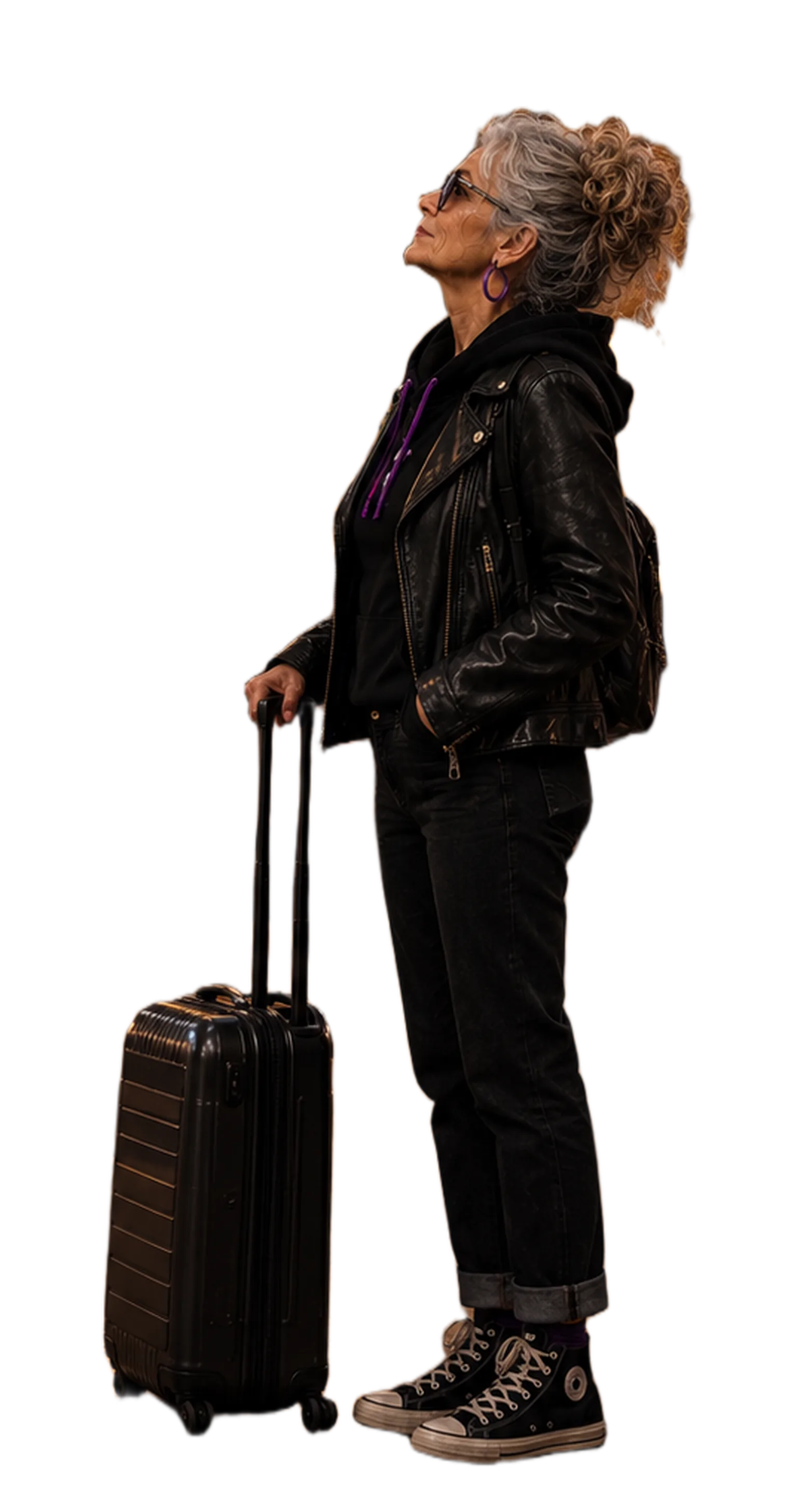 GrandMa looking up at a departures board, suitcase in hand