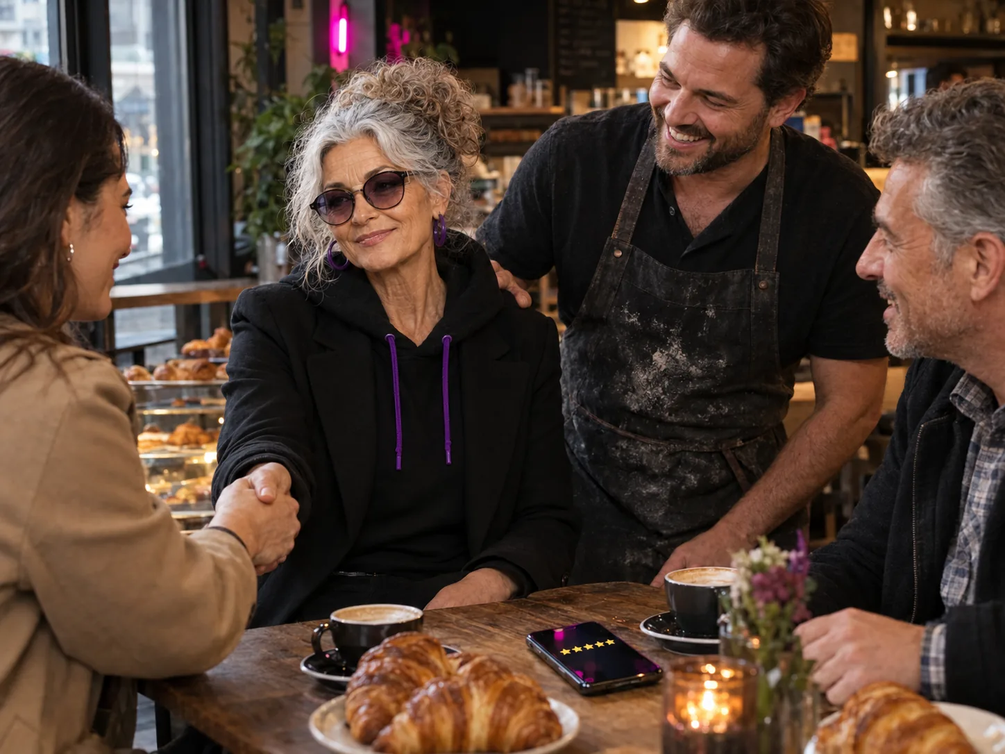 A bakery owner introduces GrandMa to new people as she shakes hands