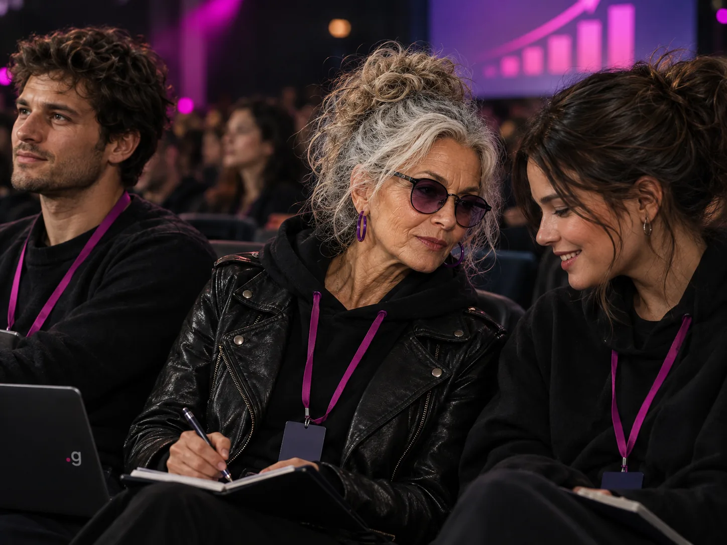 GrandMa takes notes with teammates at a marketing conference