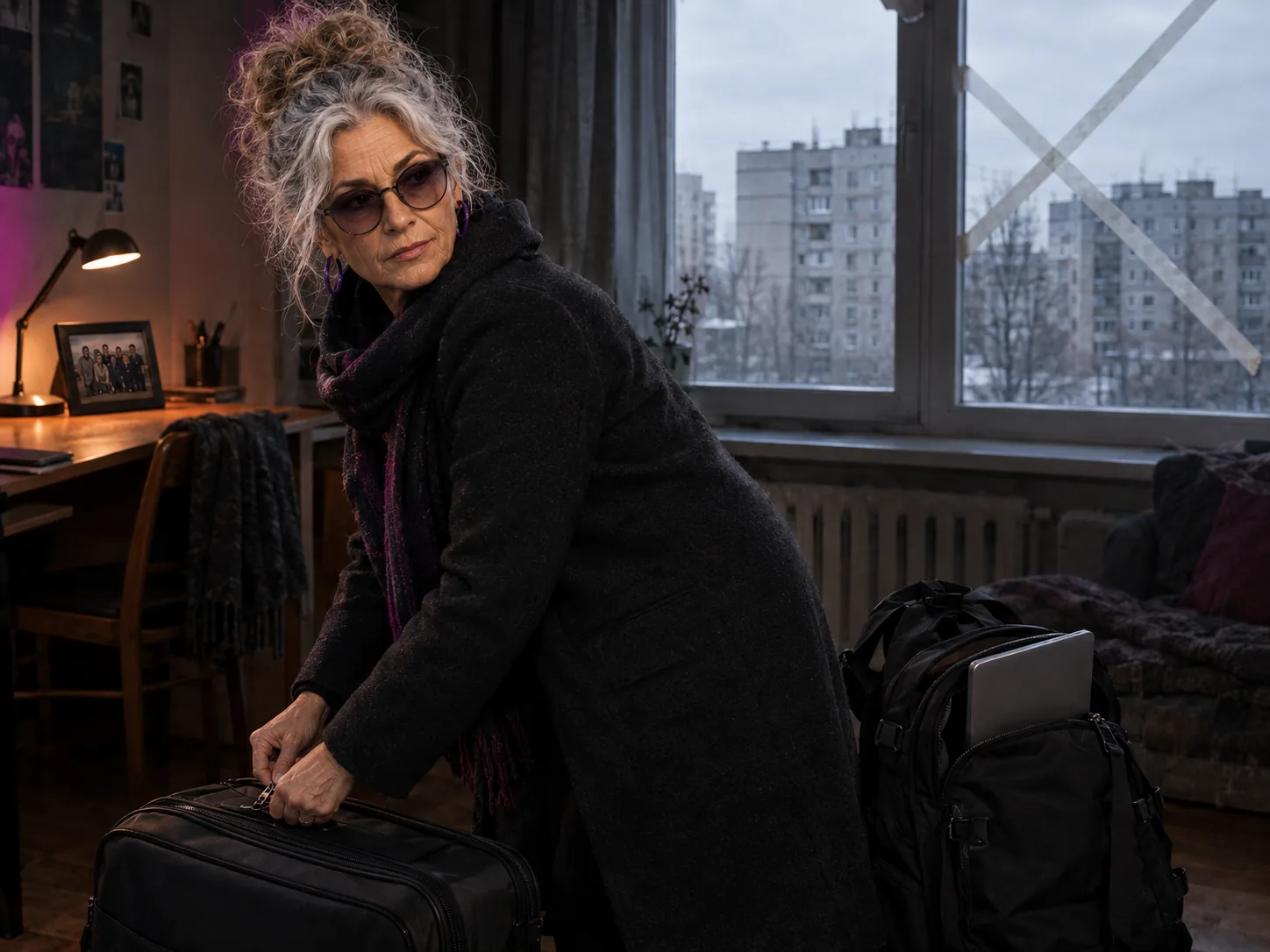 GrandMa zips a suitcase in a flat with taped-up windows