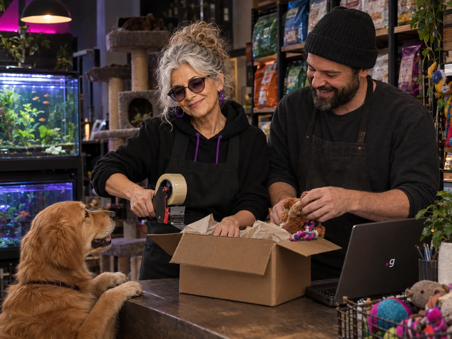 GrandMa packs an order with the pet-shop owner while a dog watches
