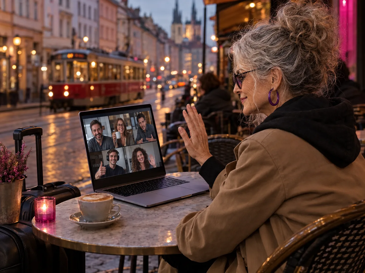 From a Prague café, GrandMa waves to the old team on a video call