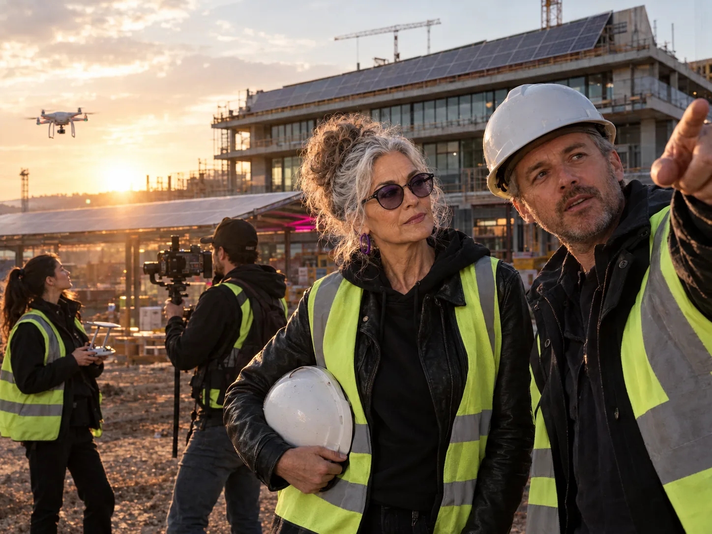 GrandMa directs a film crew on a construction site with solar panels