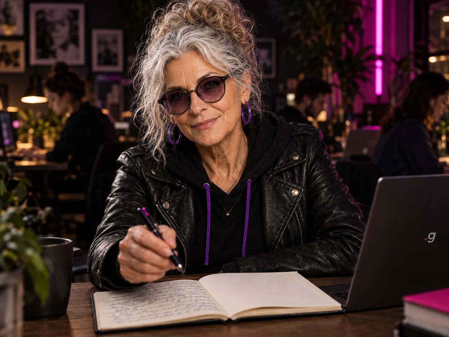 GrandMa holds out a pen over a half-filled notebook